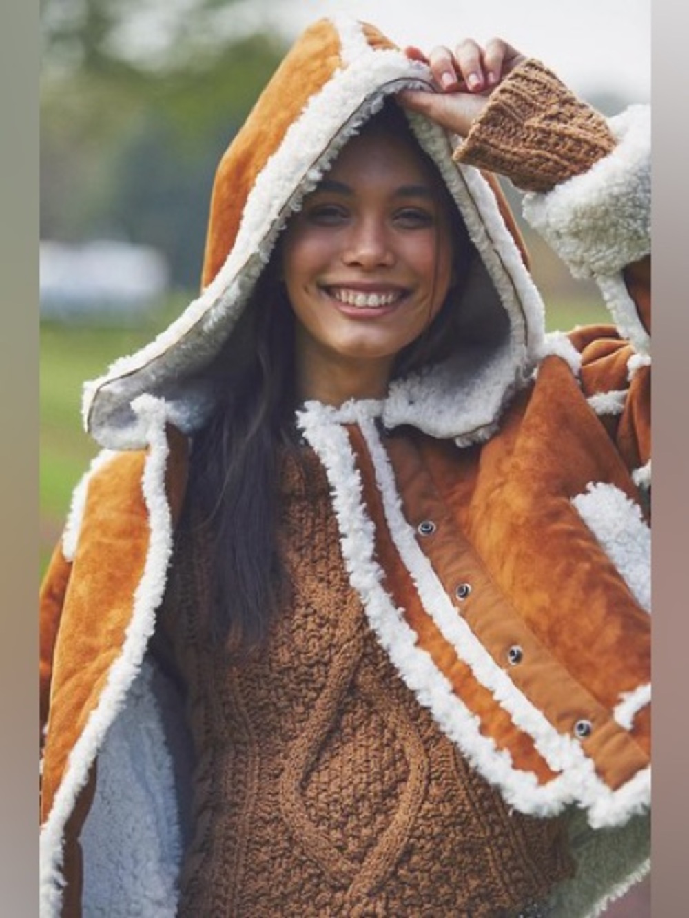 Free People Rust Brown Sherpa-Trim Hooded Jacket - Picture 3 of 12